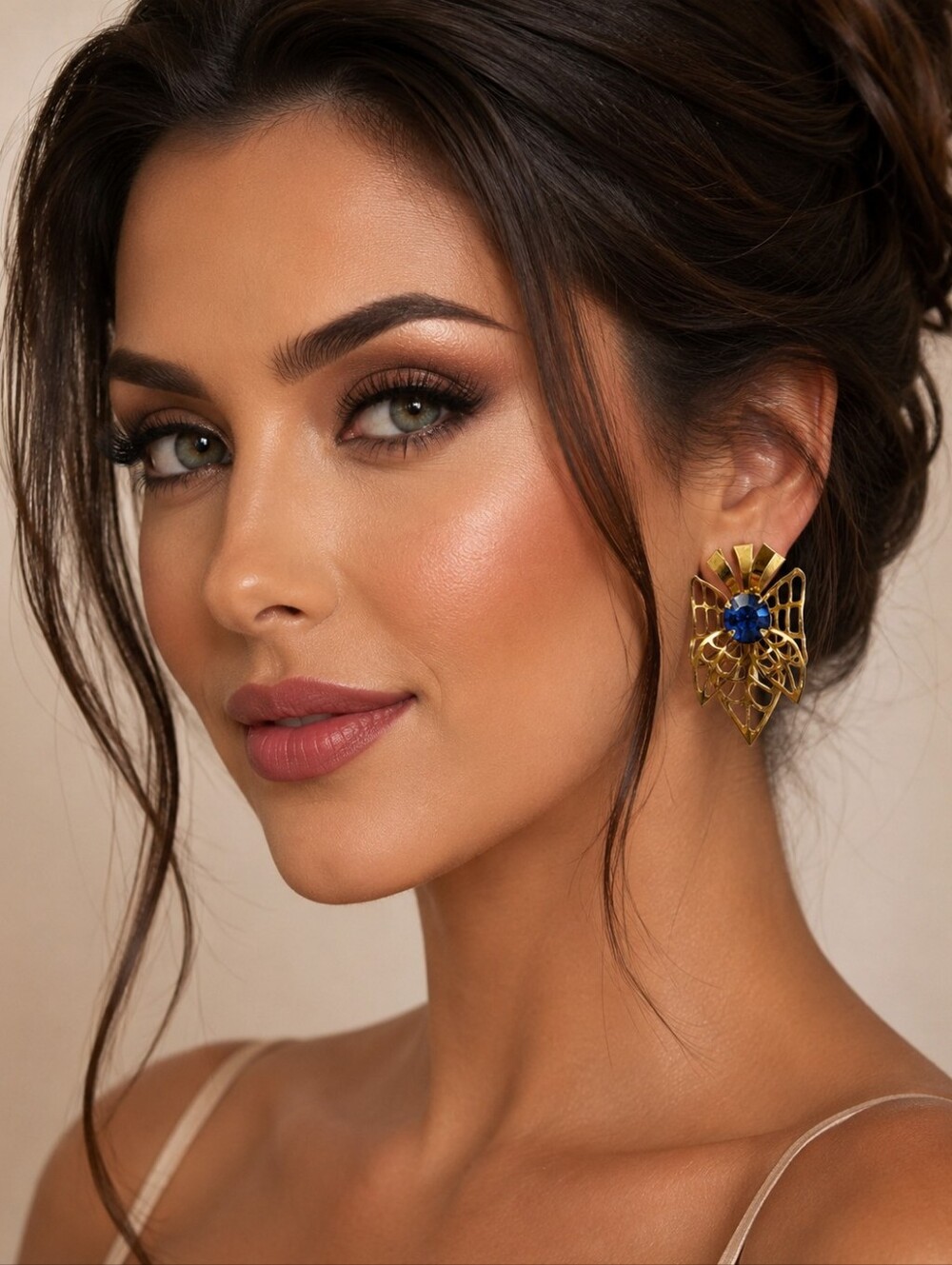 Vintage Prestige Gold-Tone Filigree Bow Earrings with Sapphire Blue‎ Rhinestones